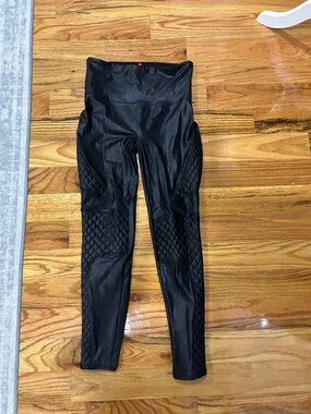 SPANX Black Faux Leather Leggings with Red Brand Tag